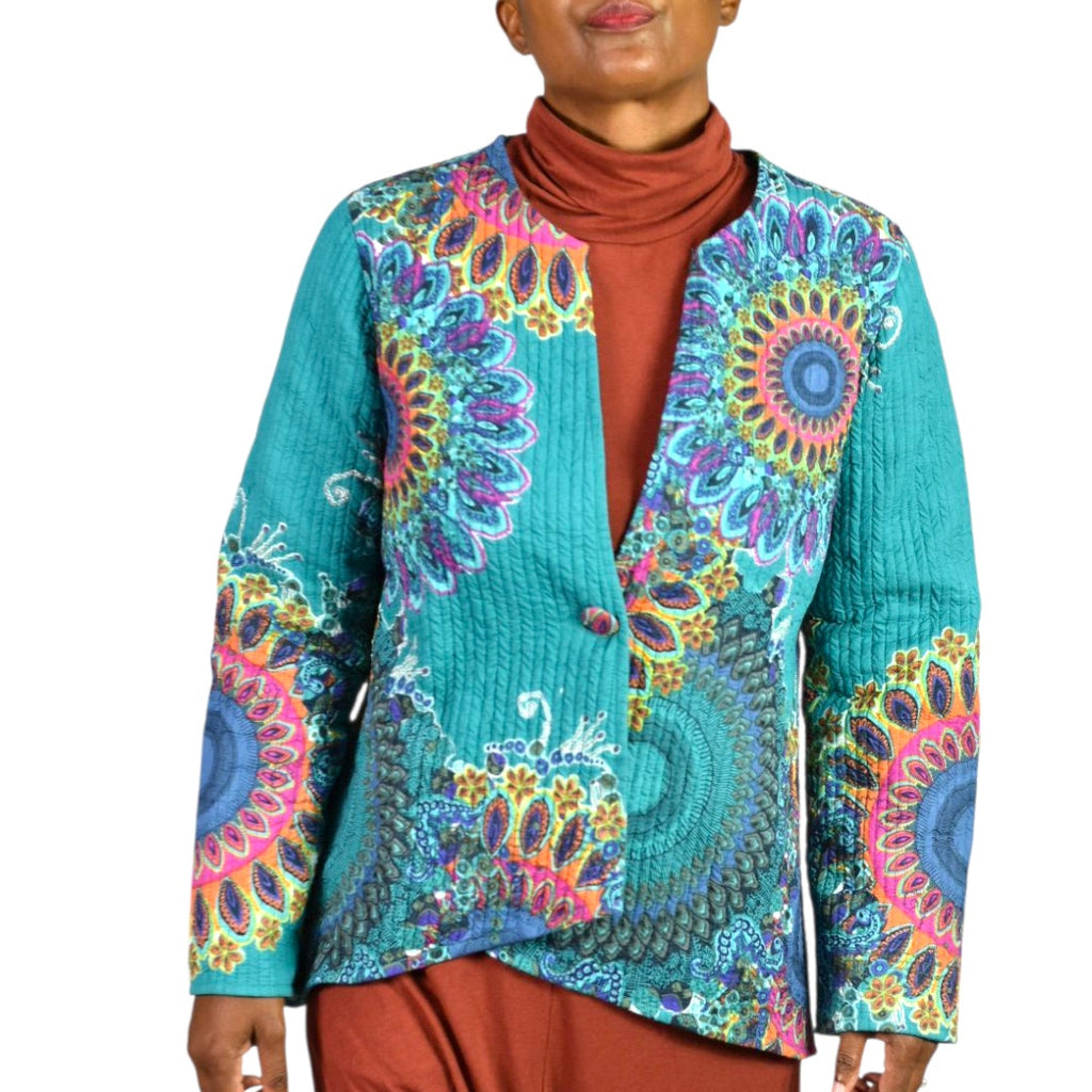 Soft Surroundings Quilted Jacket Green Teal Boho Paisley Floral Cotton Mandala Print Artistic XS