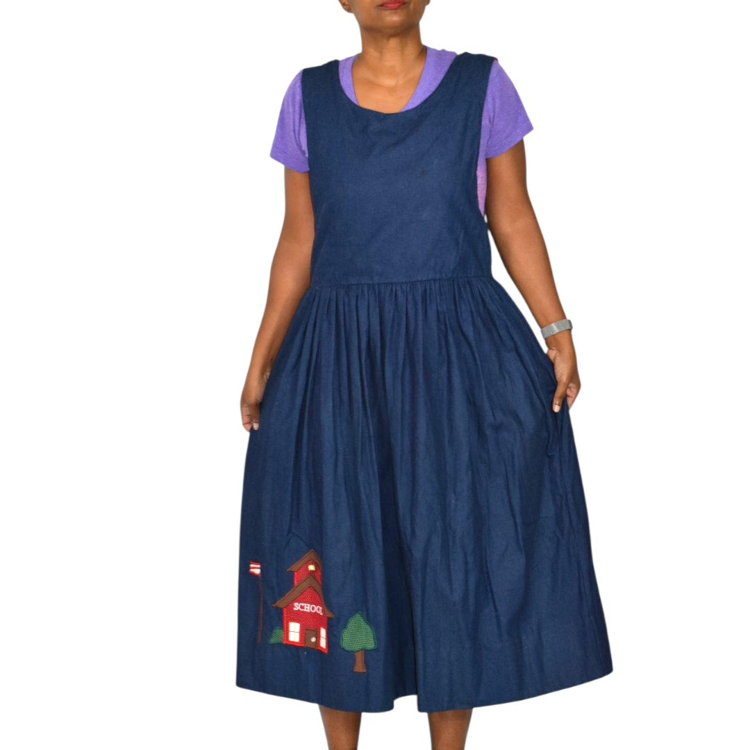 Vintage Betsys Denim Pinafore Dress Blue Teacher Applique Smock Patchwork Long School Medium