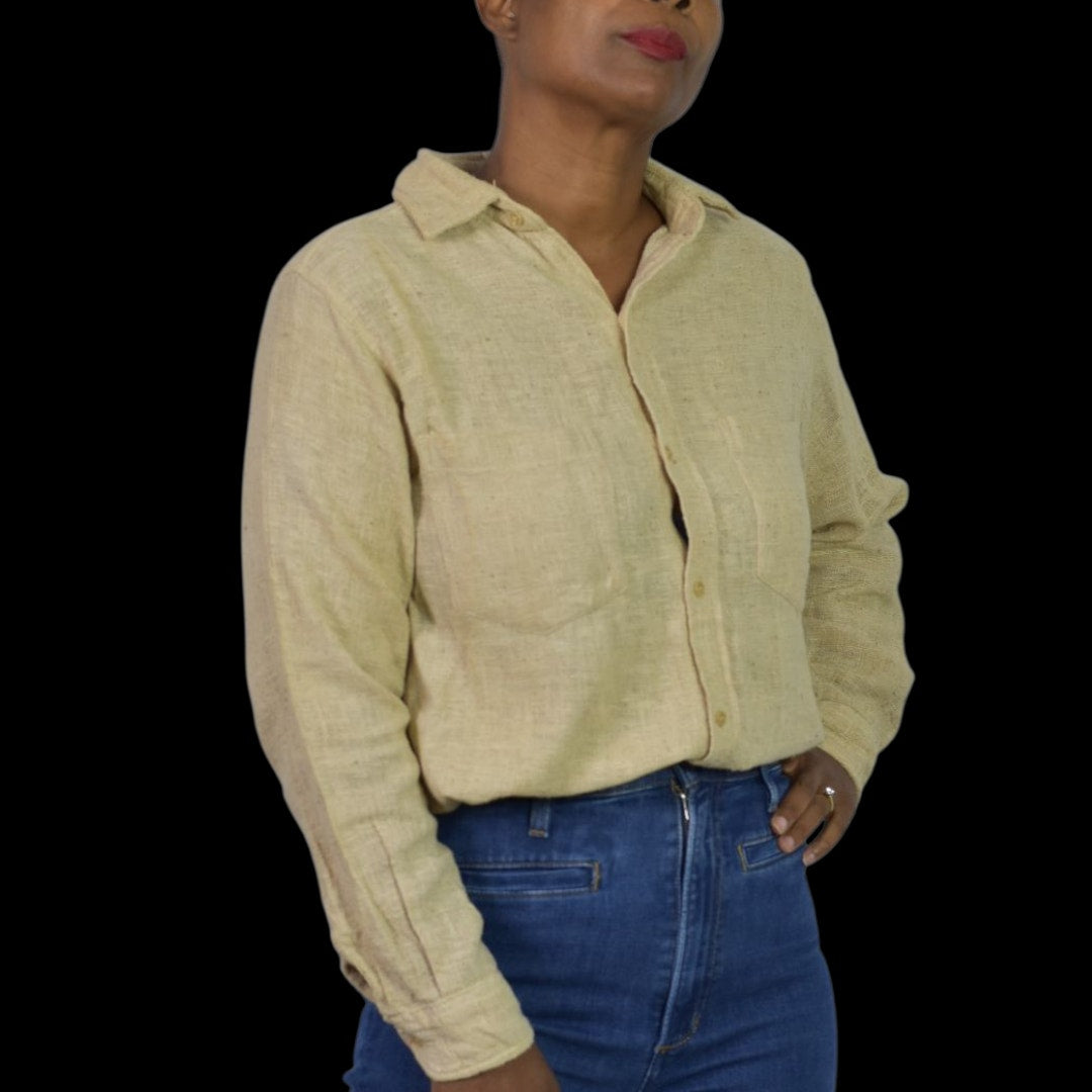 Vintage Cotton Button Down Shirt Tan Oatmeal Woven Gauze India Casual Small Mens