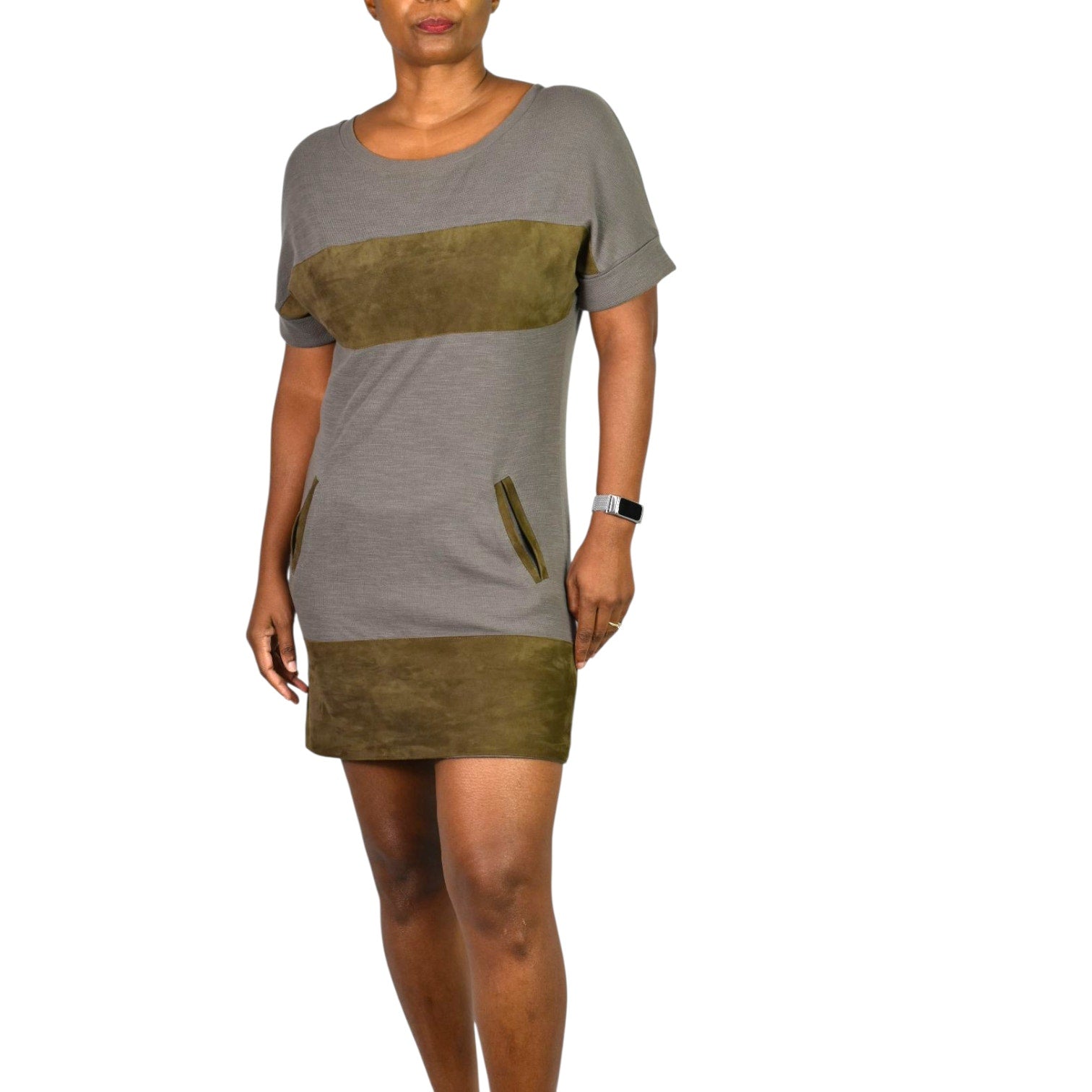 Allsaints Diego Tee Dress Grey Cotton Suede Colorblock Shift Knit Mini Pockets Minimalist XS