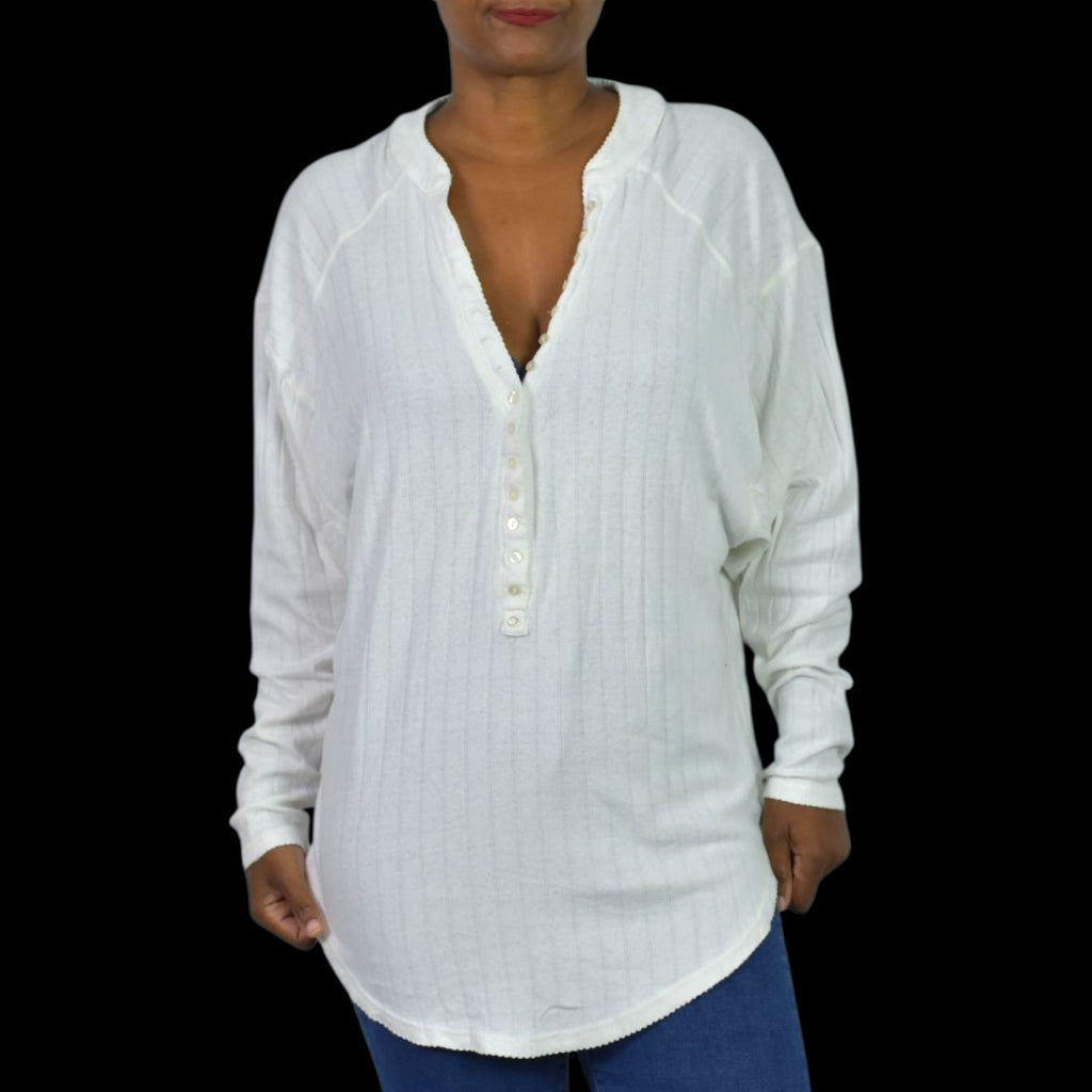 Free People Coffee Chat Pullover Top White Henley Tunic Pointelle Knit Ribbed Oversized Medium