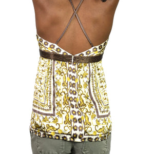 Vintage Arden B Silk Halter Top Brown Silk Beaded Embellished Scarf Baroque Print Straps XS