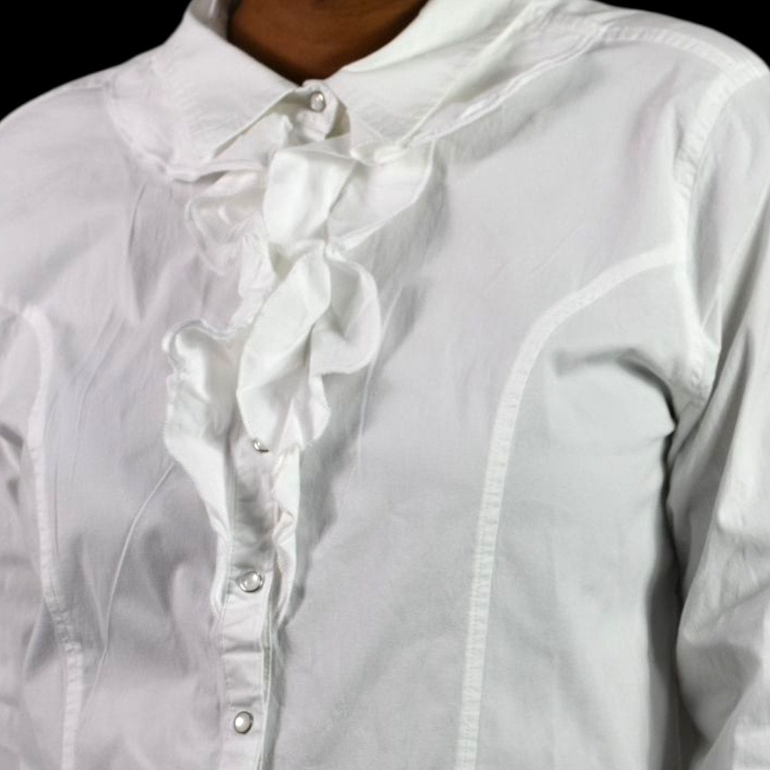 Back in the Saddle White Shirt Equestrian Cowgirl Collared Button Front Ruffled Fitted Tailored Large
