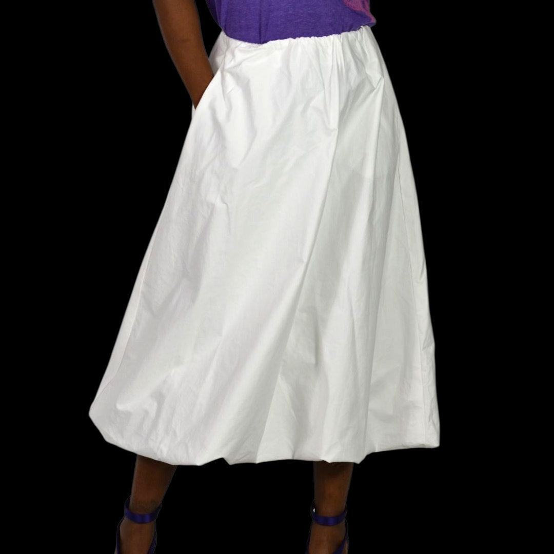 Zara Bubble Midi Skirt White Poplin Balloon Hem Pockets Billowy Elastic Waist XS