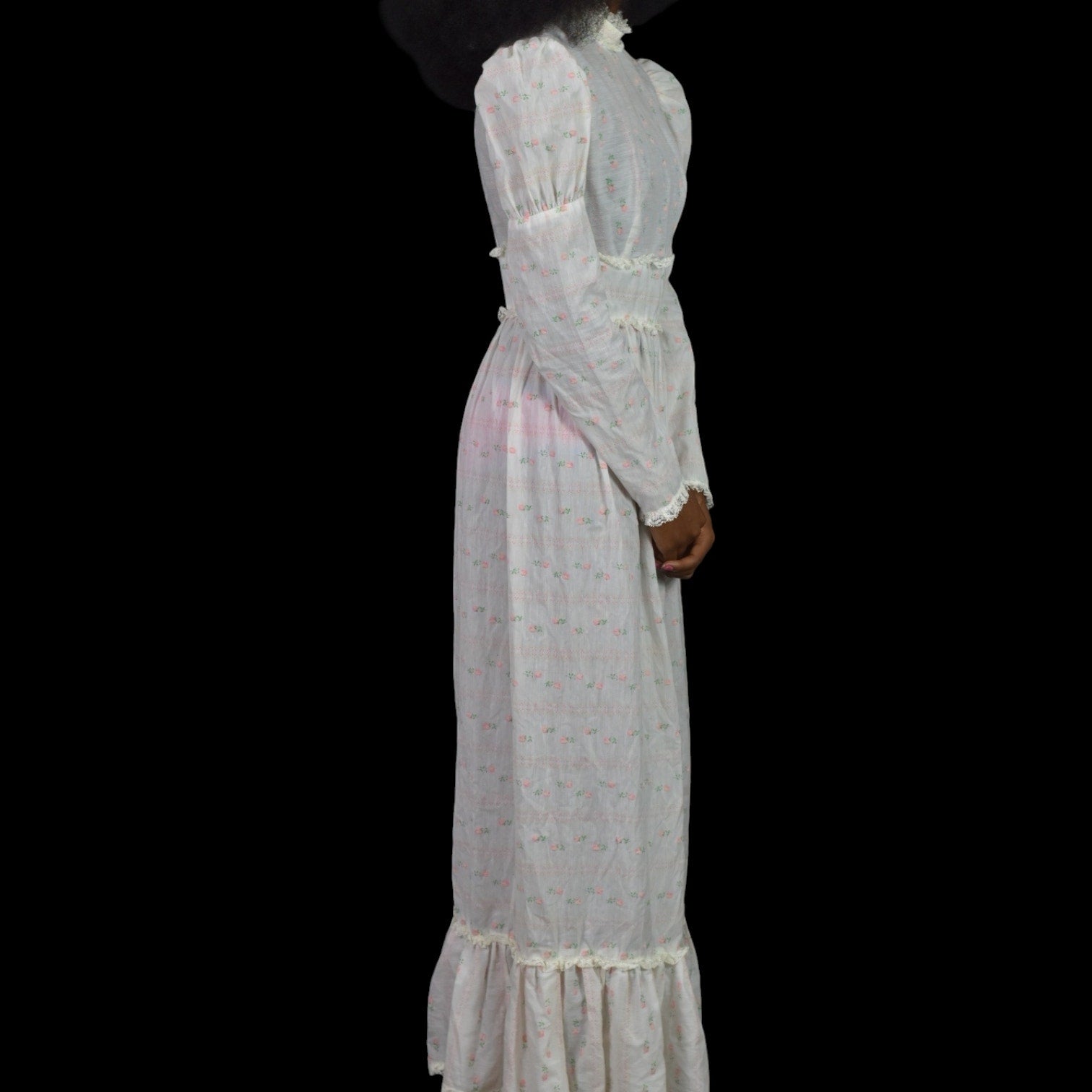 Vintage Vicky Vaughn Prairie Dress White Maxi Pastel Print High Collar Embroidered Long Gigot Puff Sleeves Size XXS