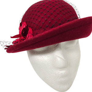 Vintage Betmar Cloche Hat Red Felt Wool Brim Winter Dressy USA Veil Flowers 40s 50s Style Fascinator Small