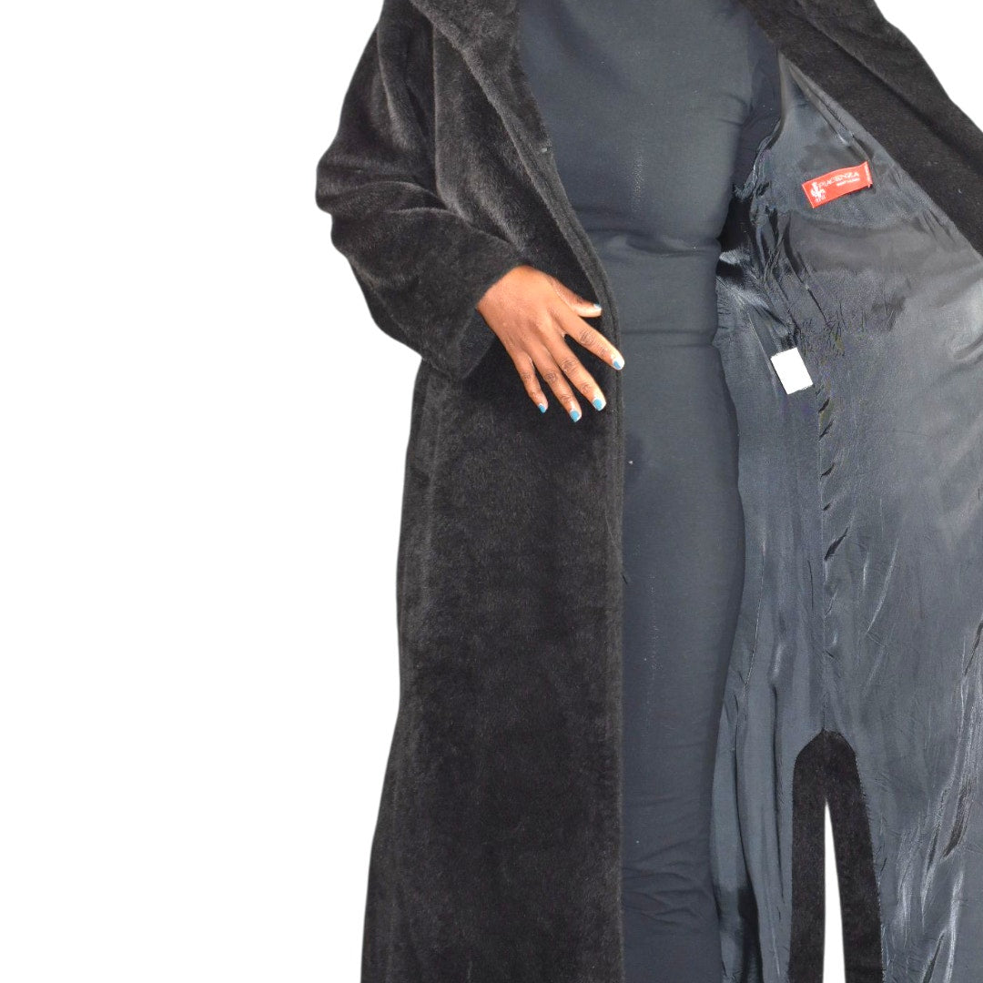 Cinzia Rocca Llama Faux Fur Coat Black Long Maxi Coat Side Slits Luxury Piacenza Wool Blend 2