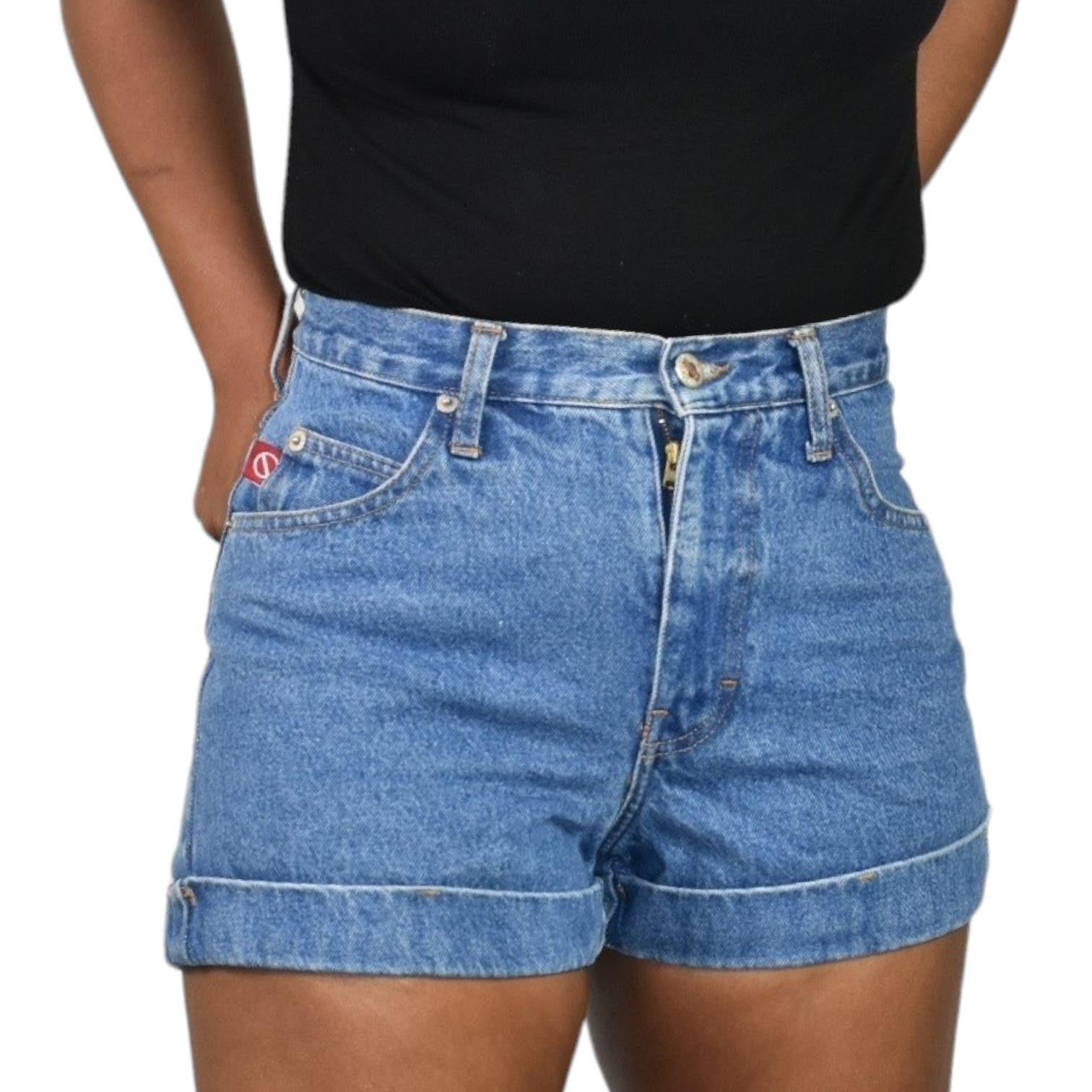 Vintage No Excuses Shorts Blue Denim Cuffed High Waist Cotton Rigid 90s Jeans Size 4