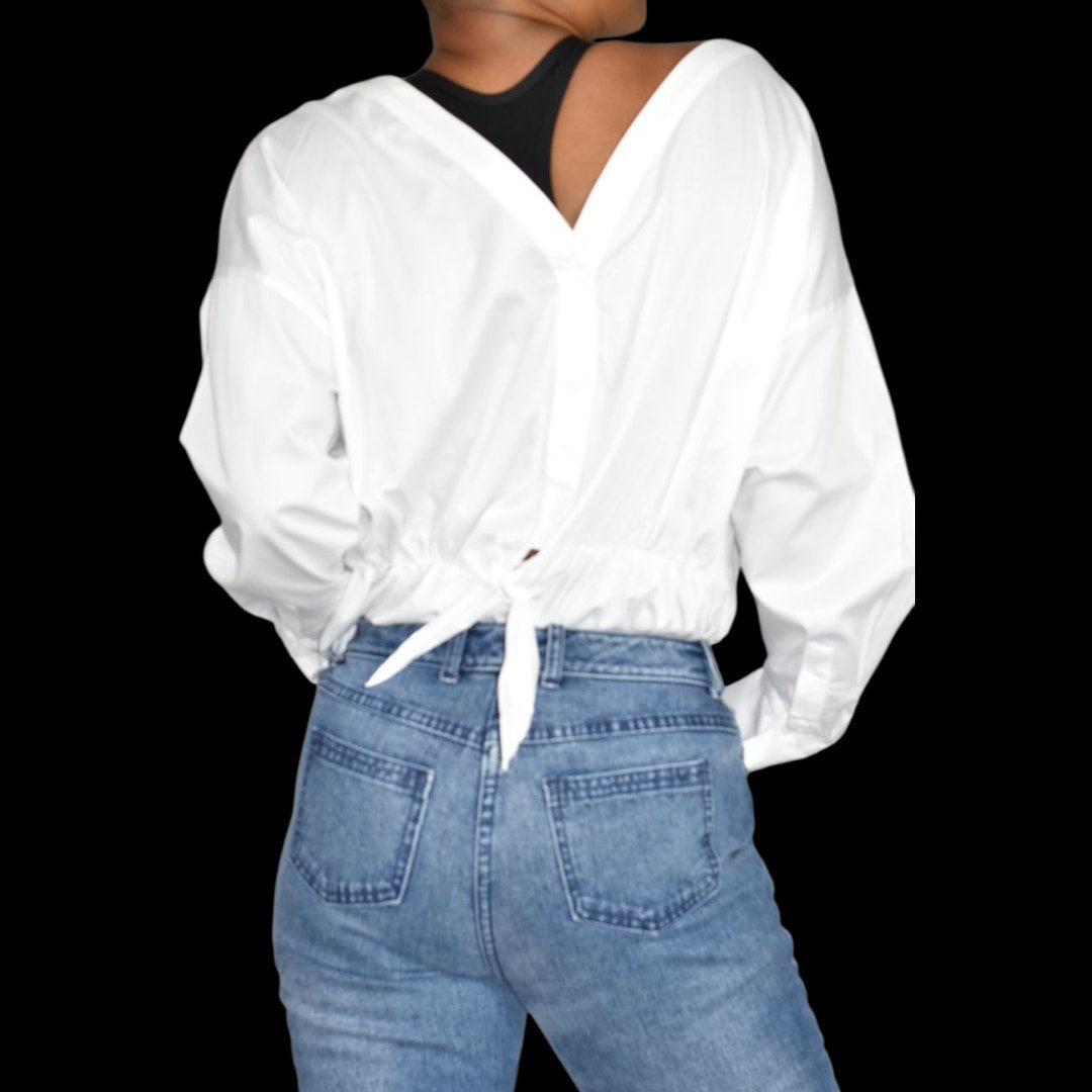 Harshman Anthropologie Cotton Blouse White Shirt Tie Button Back Oversized Backwards Small