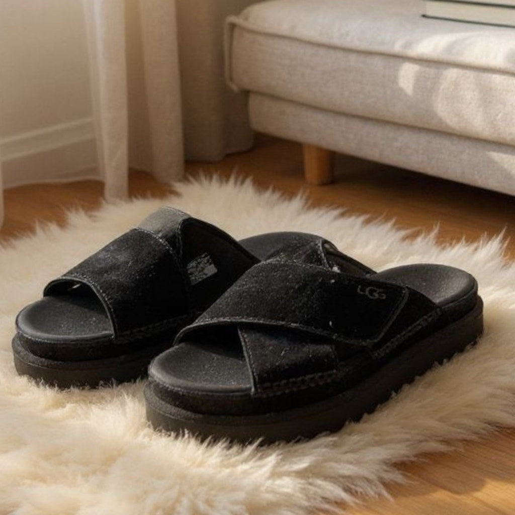 Ugg Goldenstar Cross Slide Sandals Black Platform Open Toe Suede Chunky Lug Sole Flat Form Criss Cross 9