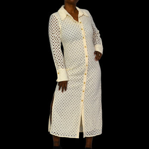ZARA Cream Cotton Eyelet Maxi Shirt Dress Gold Button Front Lace Slits The Thriftanista Closet ZARA Cream Cotton Eyelet Maxi Shirt Dress Gold Button Front Lace Slits The Thriftanista Closet