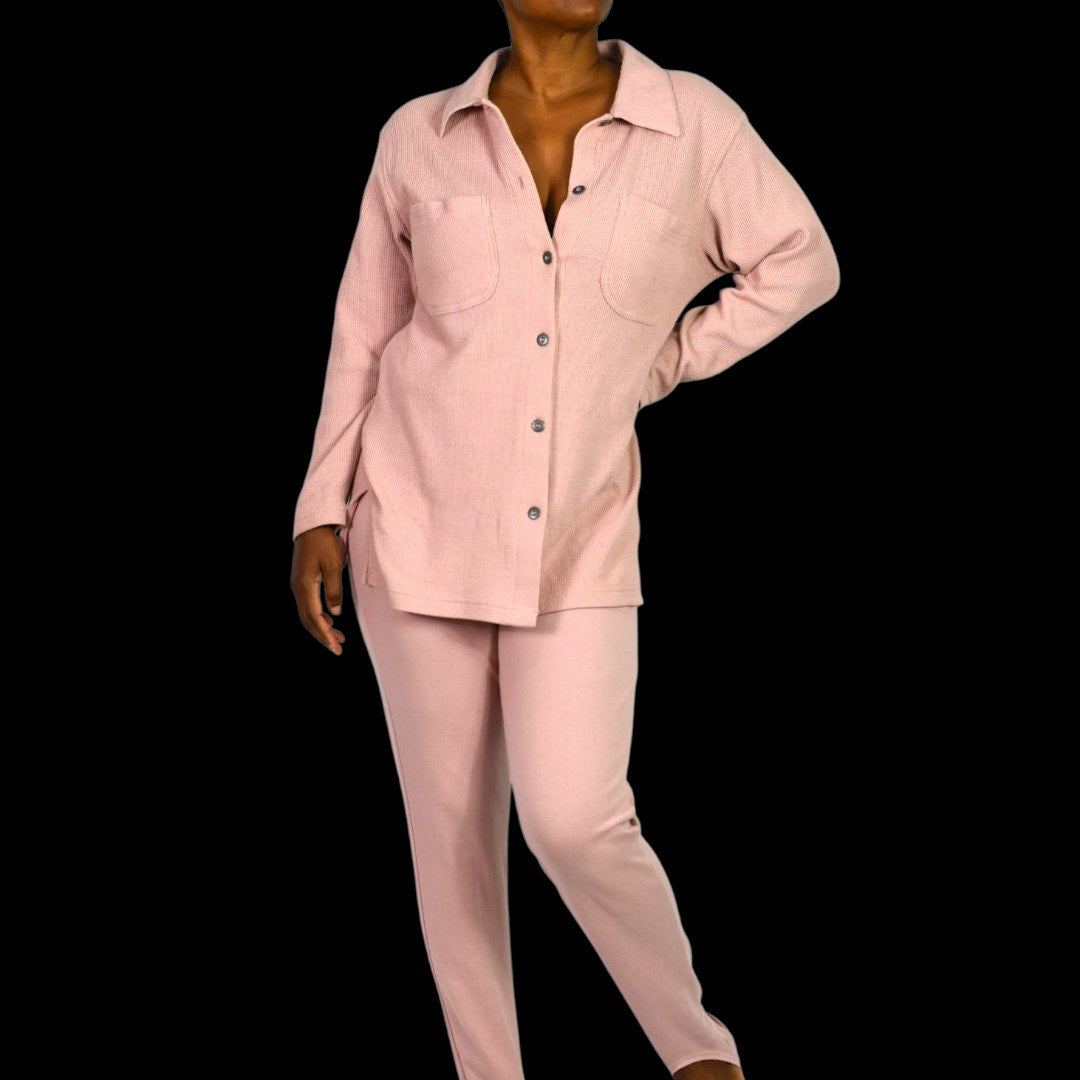 Vintage Milano Design Group Stirrup Pant Set Dusty Pink Blush Mauve 90s Waffle Knit Shirt Shacket CoOrd Small