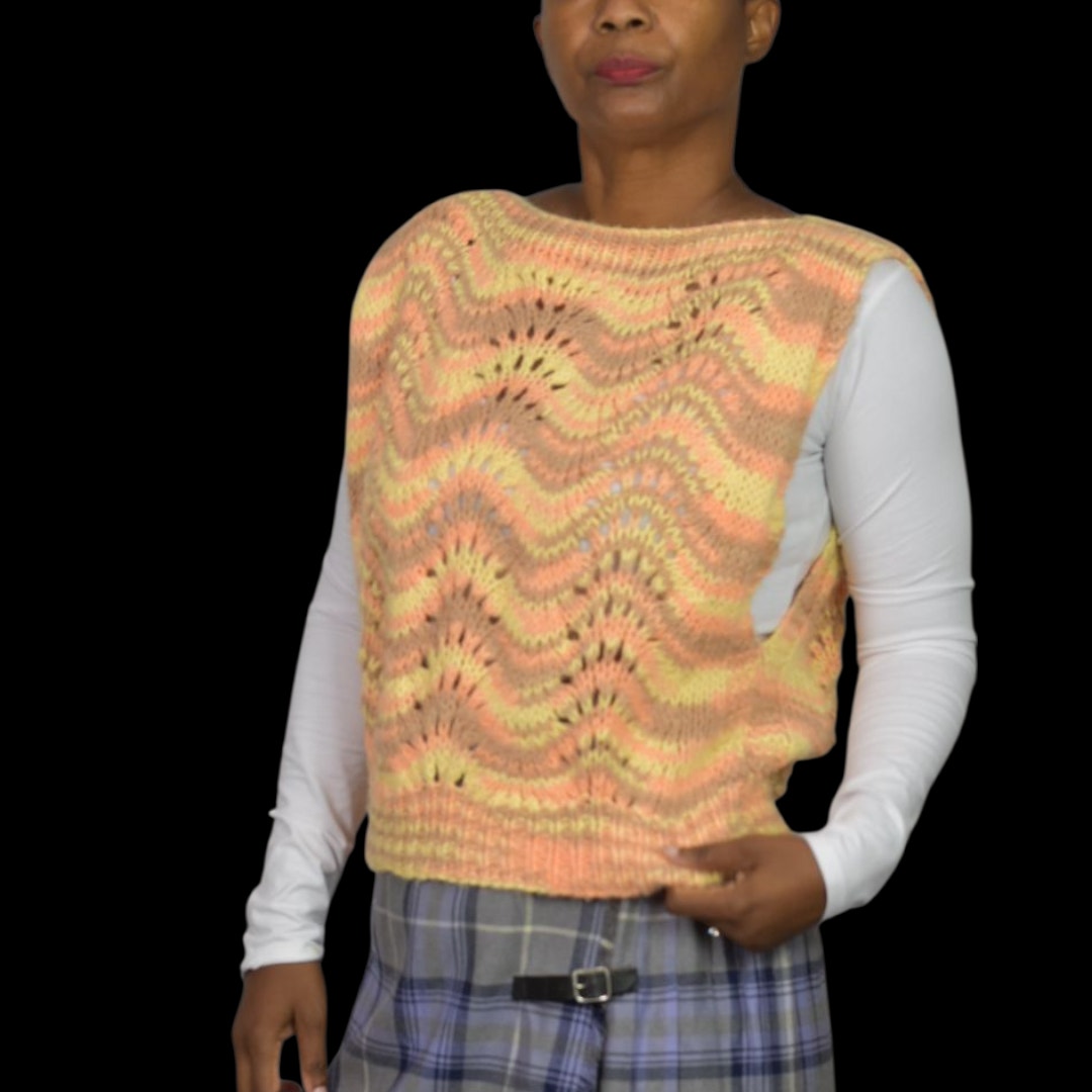 Homemade Sweater Vest Top Jerkin Yellow Vintage Hand Knit Knitted Pastel Wave Medium