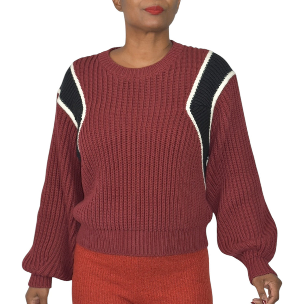 Frame Balloon Sleeve Sweater Red Chunky Fisherman Rib Knit Cropped Colorblock Size Small