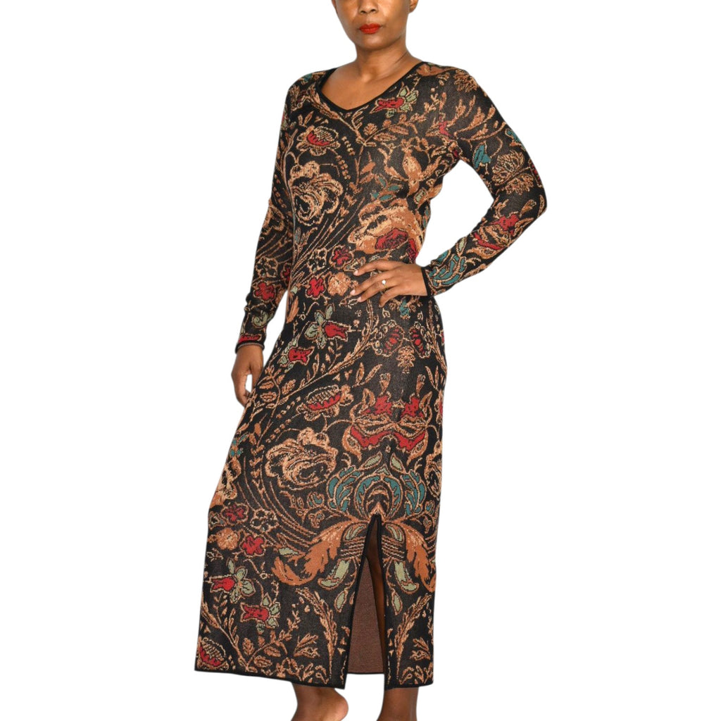 Peruvian Connection Floral Tapestry Jacquard Sweater Dress Black Cotton Knit Print Long Sleeves Midi Small