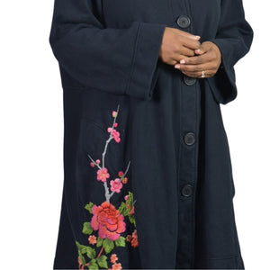 Vintage Johnny Was Terry Knit Jacket Black Embroidered Sweatshirt Floral Jacket  Military Coat Duster Plus XL