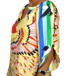 TIBI Silk Printed Tunic Yellow Colorful Peacock Jeweled Studded Blue Cutouts Birds 6