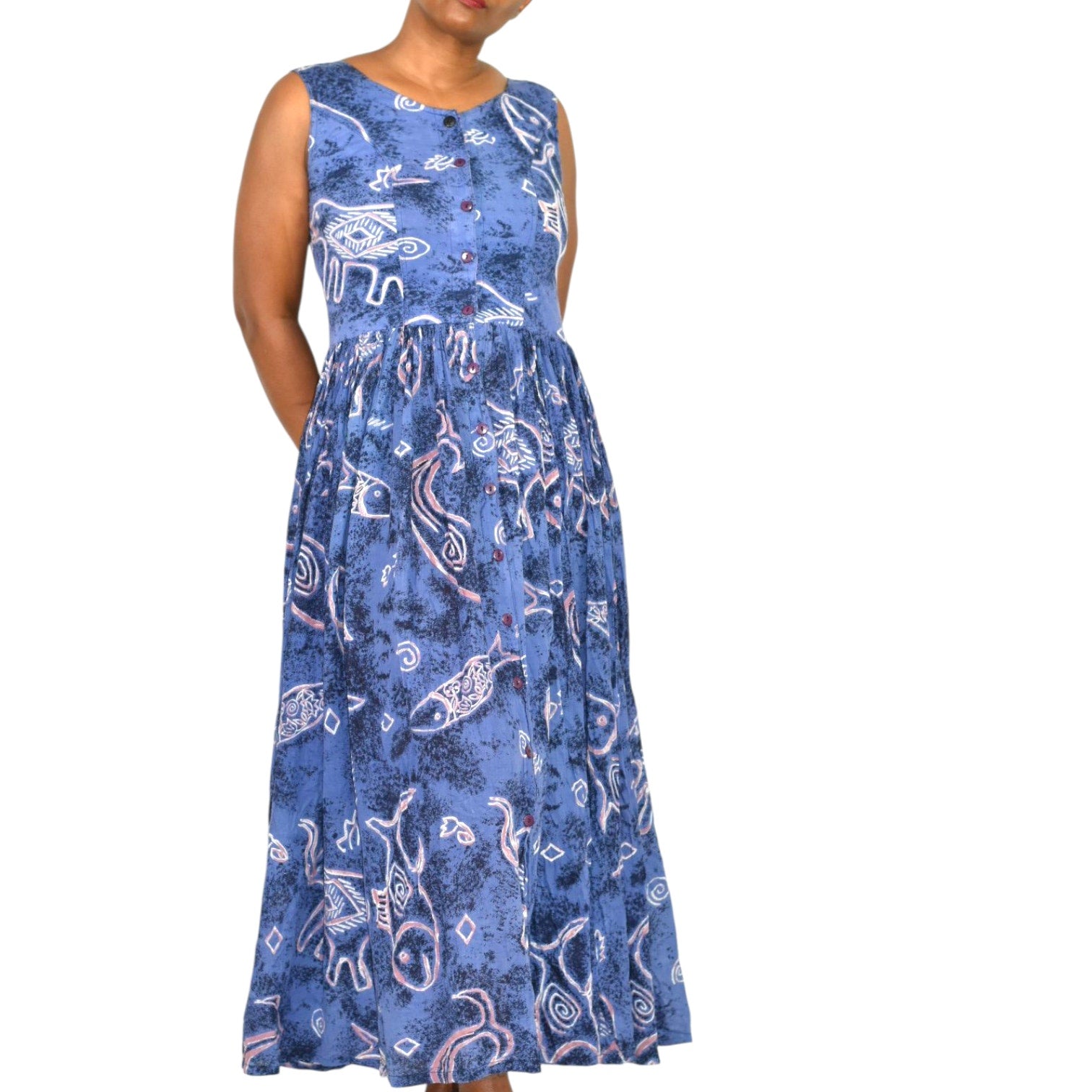 Vintage Jasmine KVM Dress Blue Fish Print Tent Shift Midi Cotton Gauze Airy Open Back Tie Medium