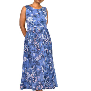 Vintage Jasmine KVM Dress Blue Fish Print Tent Shift Midi Cotton Gauze Airy Open Back Tie Medium