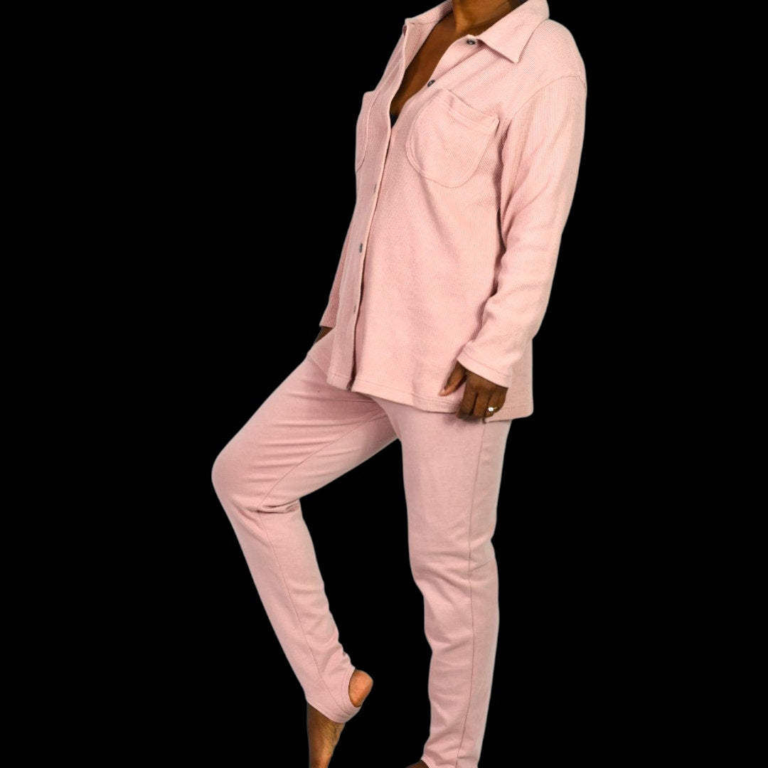 Vintage Milano Design Group Stirrup Pant Set Dusty Pink Blush Mauve 90s Waffle Knit Shirt Shacket CoOrd Small
