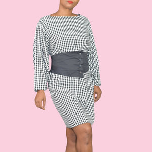 Tibi Gingham Dress Black Corset Belt Check Plaid Shift Long Sleeve Knee Length Size 6