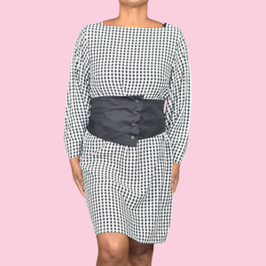 Tibi Gingham Dress Black Corset Belt Check Plaid Shift Long Sleeve Knee Length Size 6