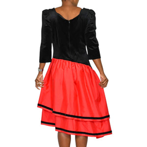 Vintage 80s Black Velvet Dress Red Taffeta Asymmetrical Ruffle Tiered Stretch Handmade Large