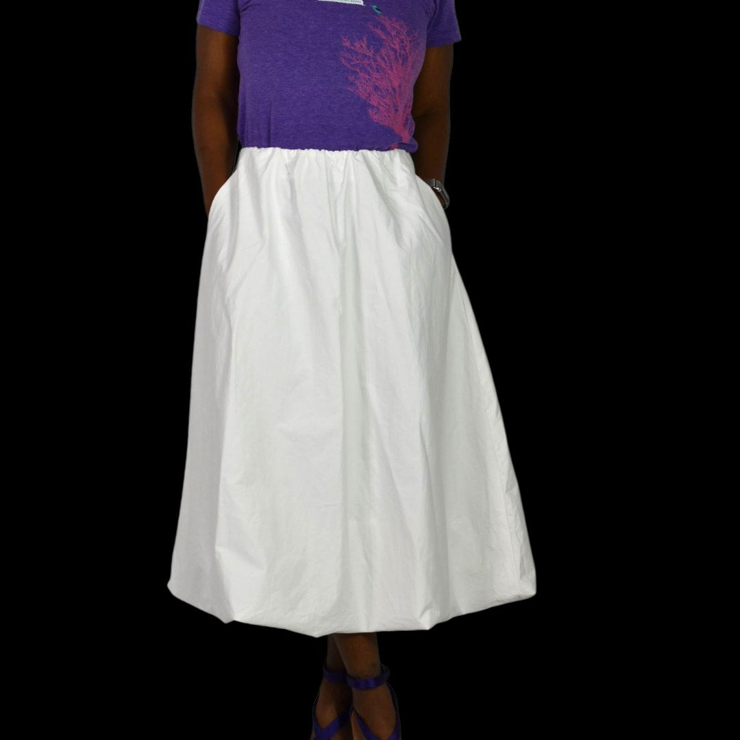 Zara Bubble Midi Skirt White Poplin Balloon Hem Pockets Billowy Elastic Waist XS
