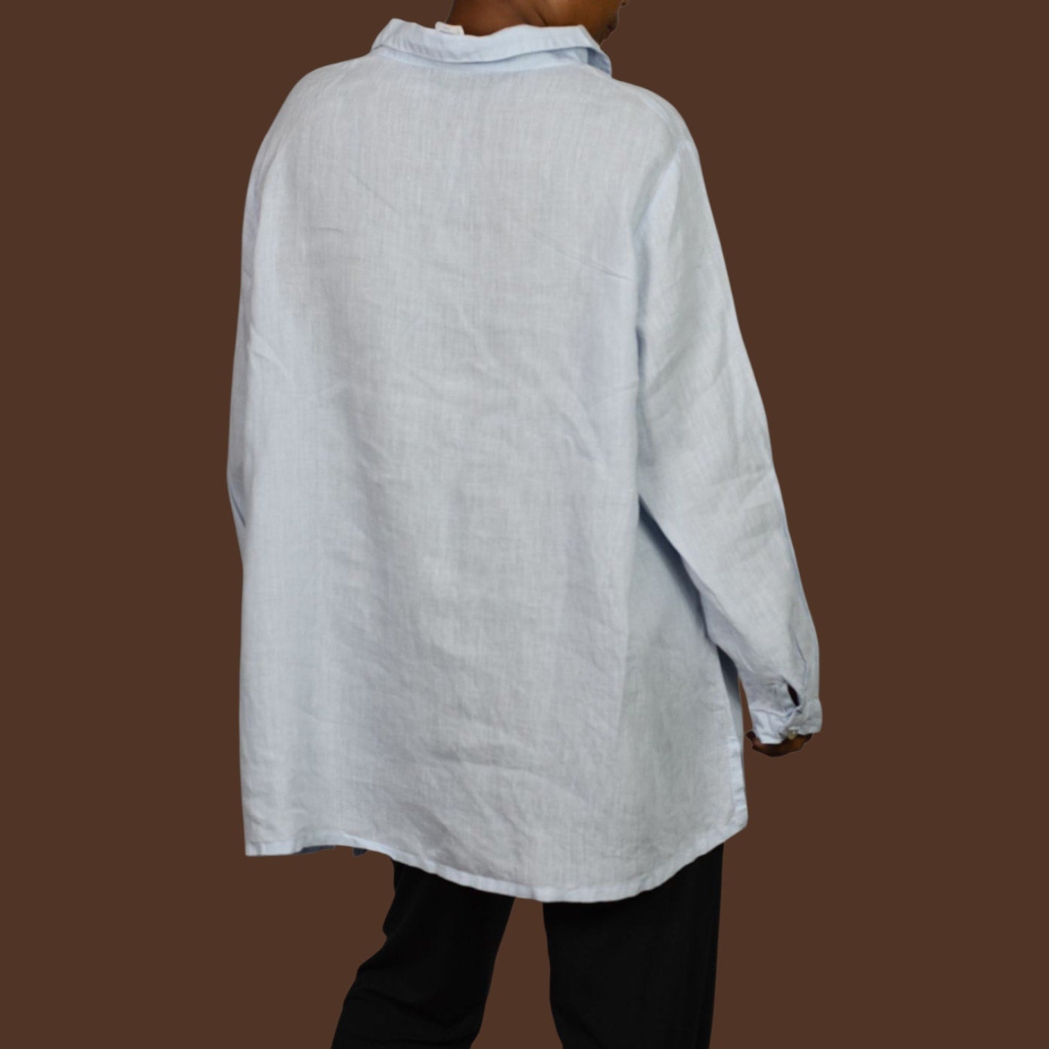 Match Point Linen Tunic Light Blue Collared V Neck Long Sleeve Popover Shirt XL