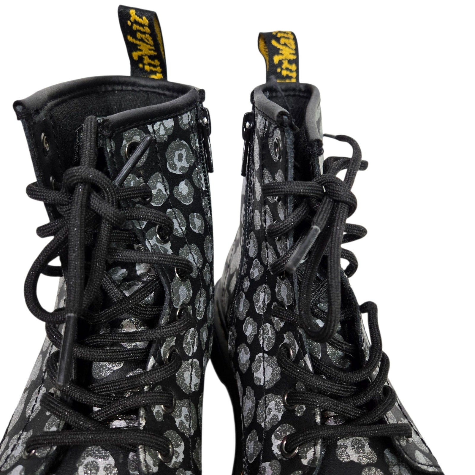 Dr Martens Junior Leopard Hydro Combat Boots Black Skulls Metallic Leather Ankle Girls 4