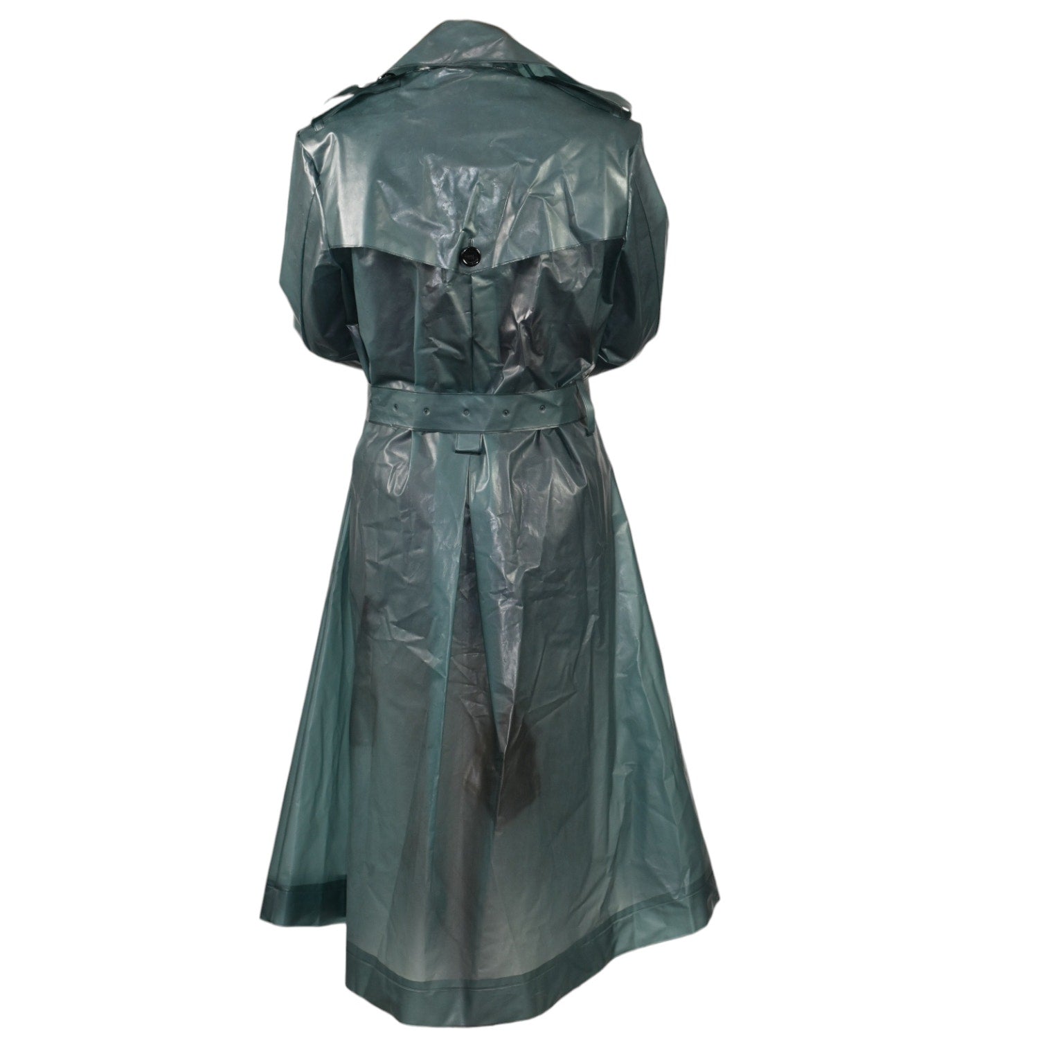 Dorothee Schumacher Techno Transparency Trench Coat Green Teal Vinyl Raincoat Belted Transparent XL