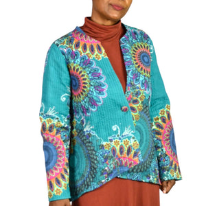 Soft Surroundings Quilted Jacket Green Teal Boho Paisley Floral Cotton Mandala Print Artistic XS