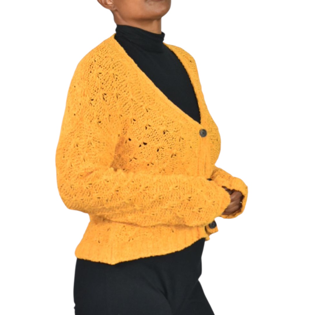 American Eagle Cropped Cardigan Sweater Yellow Slouchy Crochet Cotton Blend Knit Boxy V Neck XS