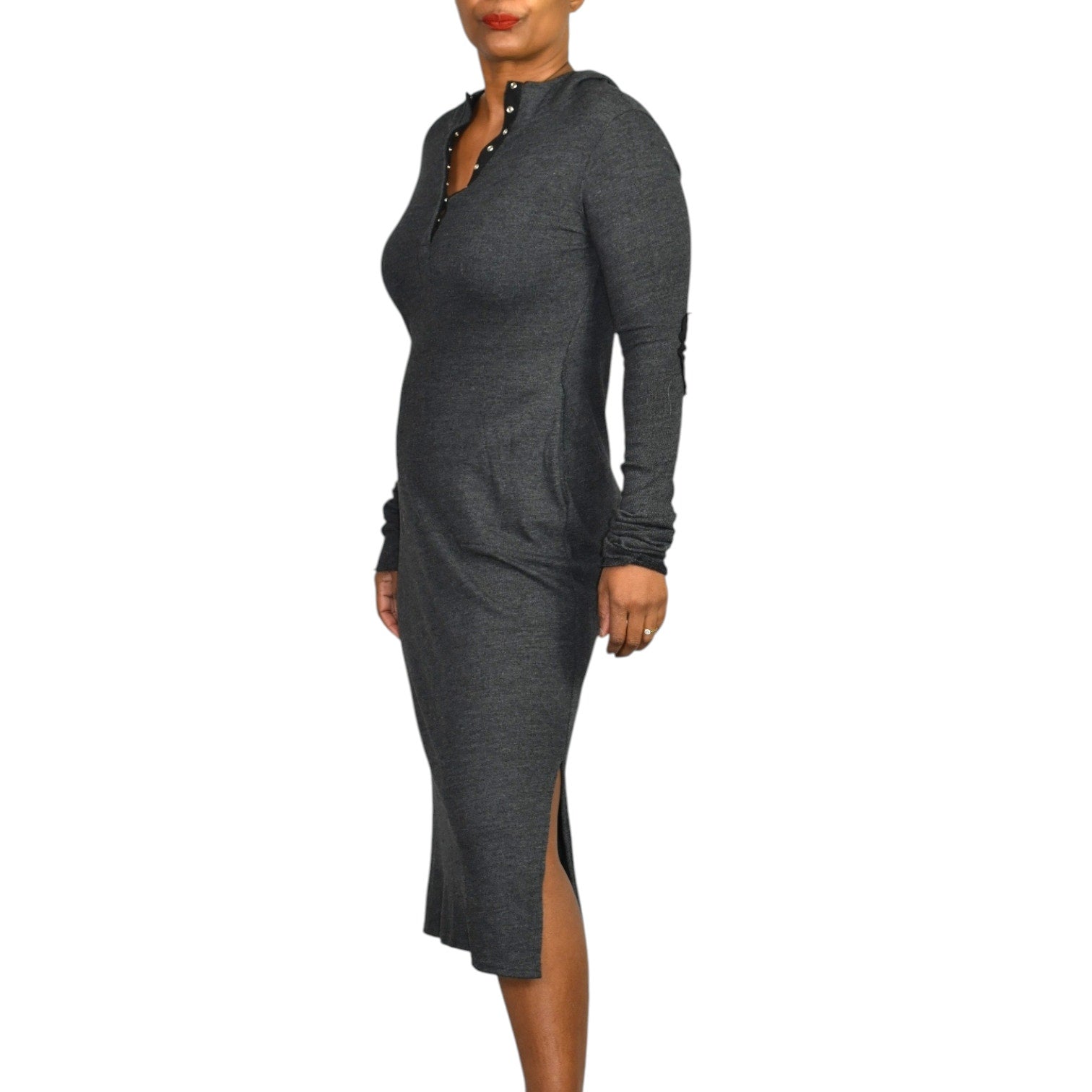 Noctex Sweater Dress Grey Charcoal Wool Midi Hooded Pockets Slits Elbow Patches XS