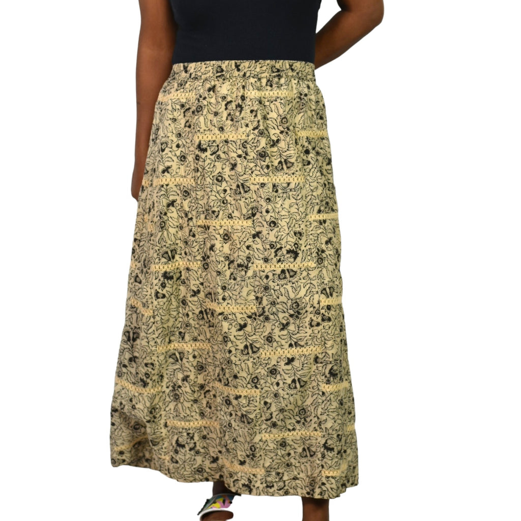 Orvis Maxi Skirt Tan Floral Print Embroidery Lace High Waist Elastic Waist Pull On Cotton Size Large