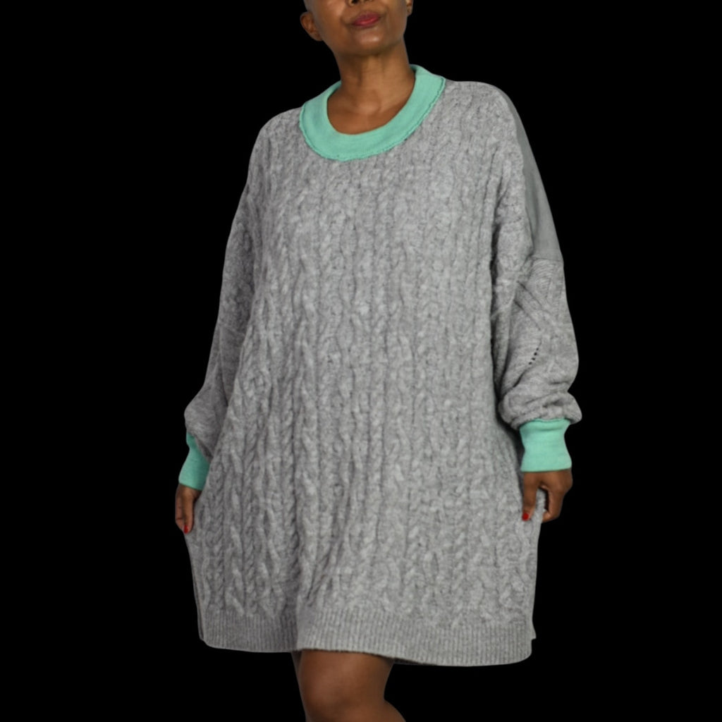 Free People Olympia Tunic Sweater Dress Pullover Grey Mint Cable Knit Ribbed Oversized Slouchy Tunic Medium