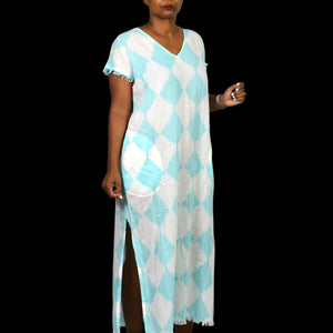 Lula Soul Cotton Caftan Blue Diamond Print Fringe Lightweight Dress Maxi Slits Cover Up Tunic XS