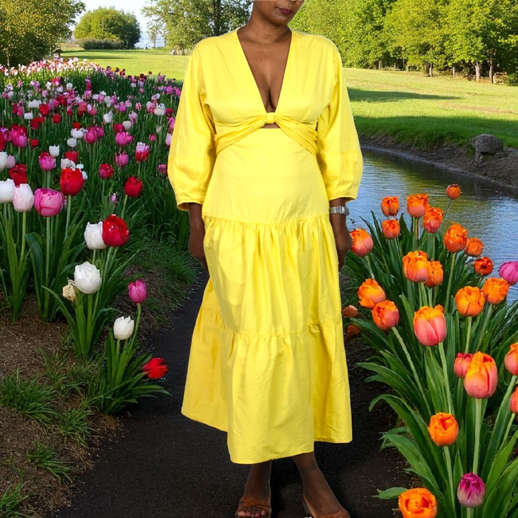 Derek Lam Twist Front Midi Dress Yellow Waist Cutout Poplin Cotton Tiered Medium 40 8