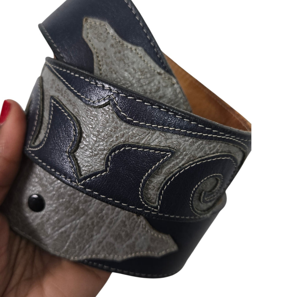 Vintage Tony Lama Western Belt Navy Blue Gray Scroll Swirl Embossed Inlay Leather 34 Mens