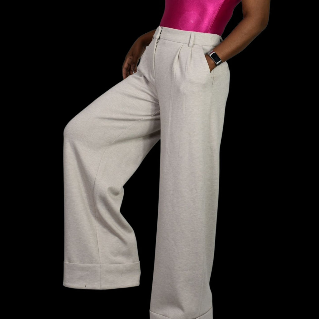 Express Stylist High Rise Pleated Wide Leg Trousers Beige Heather Knit Cuffed Pants 2 Long 2L