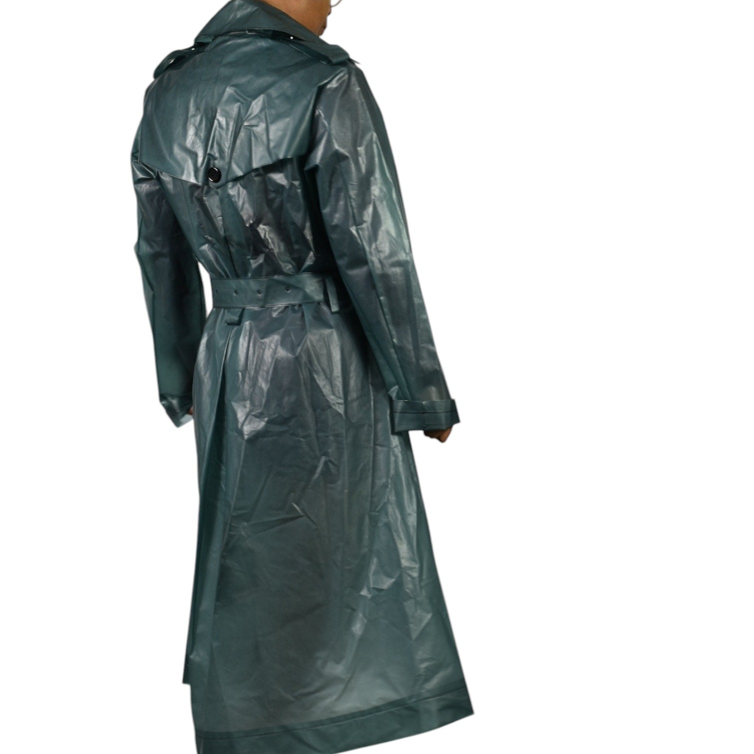 Dorothee Schumacher Techno Transparency Trench Coat Green Teal Vinyl Raincoat Belted Transparent XL