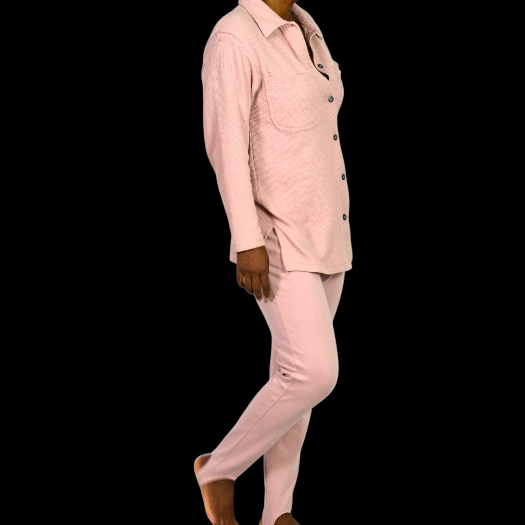 Vintage Milano Design Group Stirrup Pant Set Dusty Pink Blush Mauve 90s Waffle Knit Shirt Shacket CoOrd Small