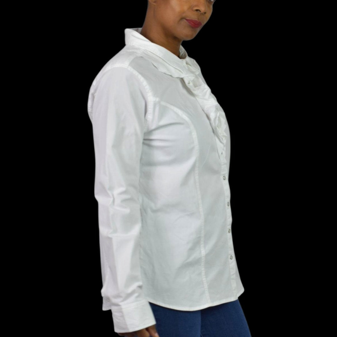 Back in the Saddle White Shirt Equestrian Cowgirl Collared Button Front Ruffled Fitted Tailored Large