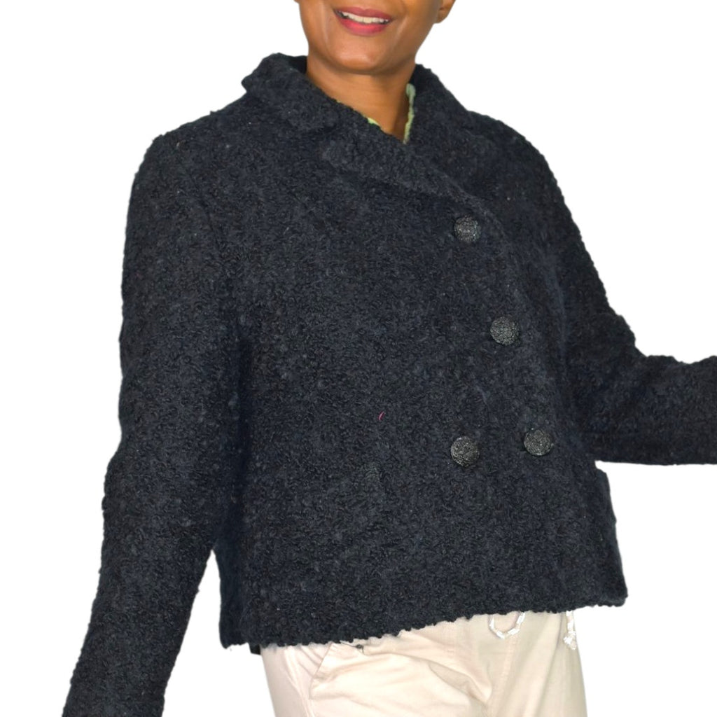 Vintage Joseph Horne Co Black Boucle Wool Boxy Cropped Jacket 1950s 50s ILGWU Union Made Medium