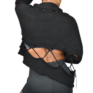 Manuelle Guibal Paris Sweater Black Knit Cropped Cutout Lace Up Long Sleeve Oversized Boxy Large