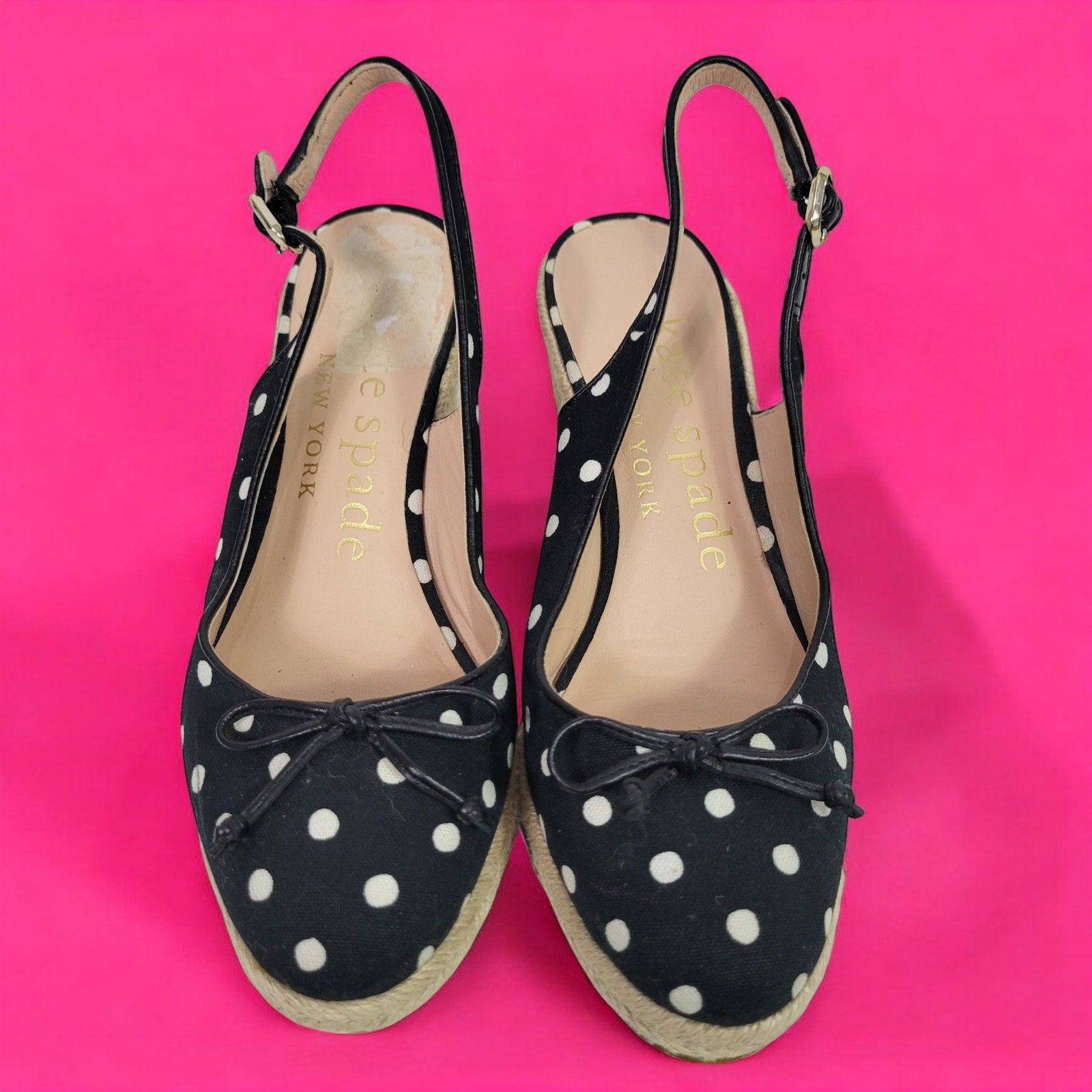 Kate Spade Panama Nights Wedge Black Polka Dot Heels Espadrille Canvas Slingback Size 7.5