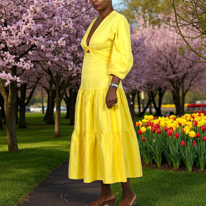 Derek Lam Twist Front Midi Dress Yellow Waist Cutout Poplin Cotton Tiered Medium 40 8