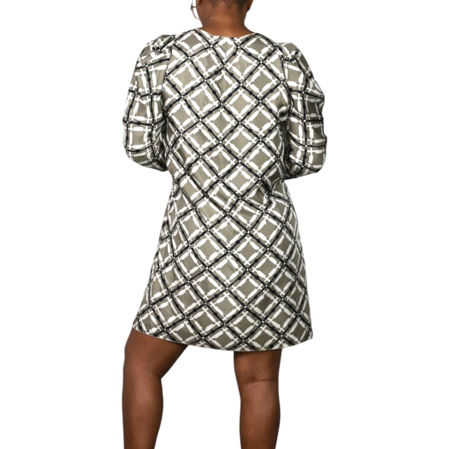 Marni Silk Print Dress Grey Geo Grid Puff Sleeve Origami Folds Sculpted Sheath 40