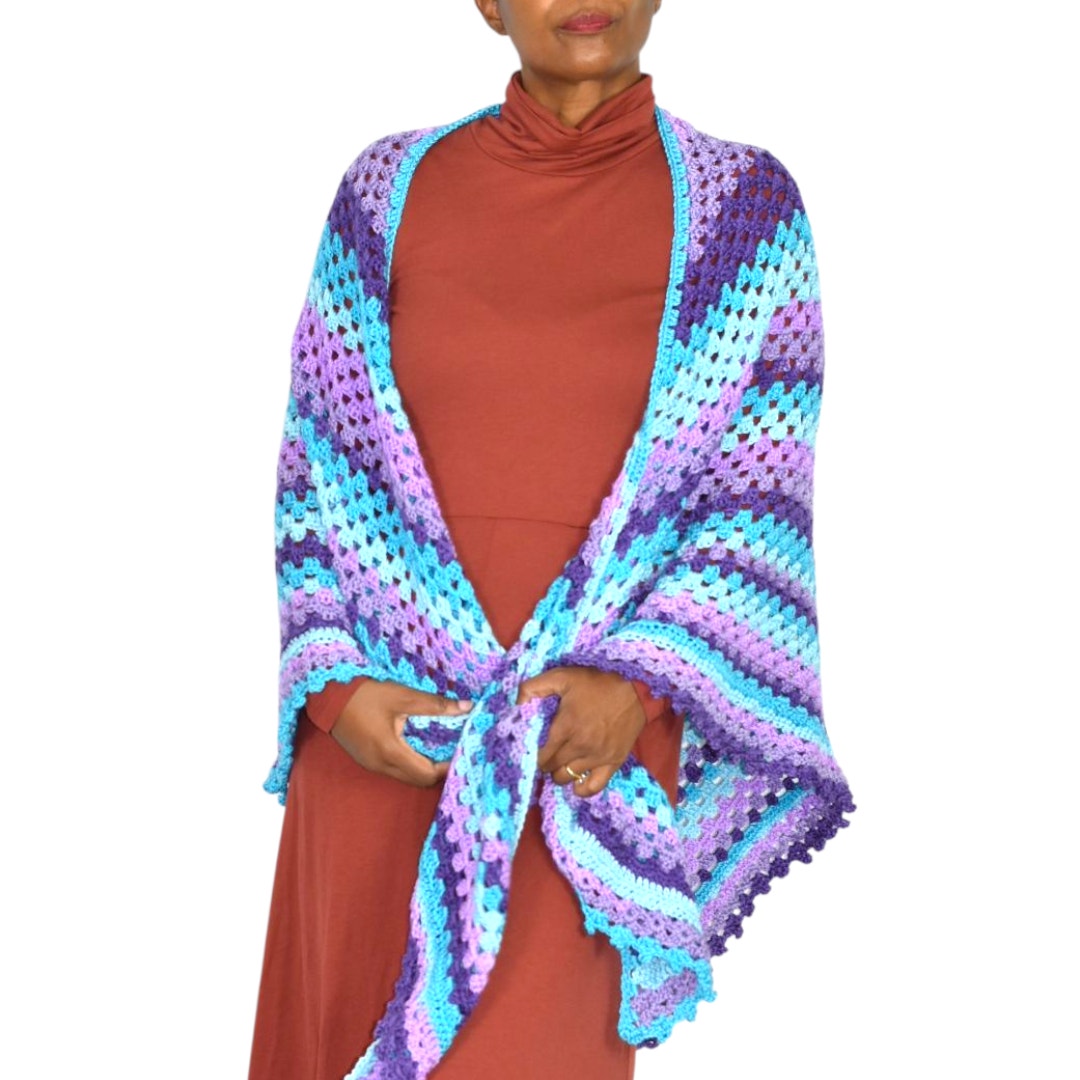 Hand Knit Crochet Shawl Blue Purple Ombre Blanket Wrap Triangle Granny Squares Vintage Afghan One Size S M L