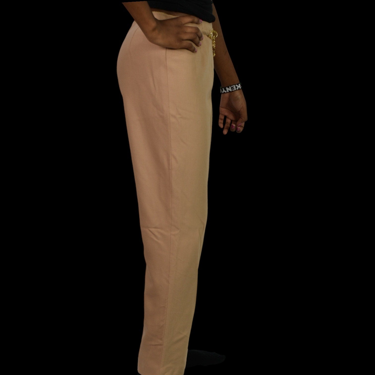 Oscar de La Renta Trousers Tan Wool Chain Accent High Waist Dress Pants Tapered Size 2 Petite